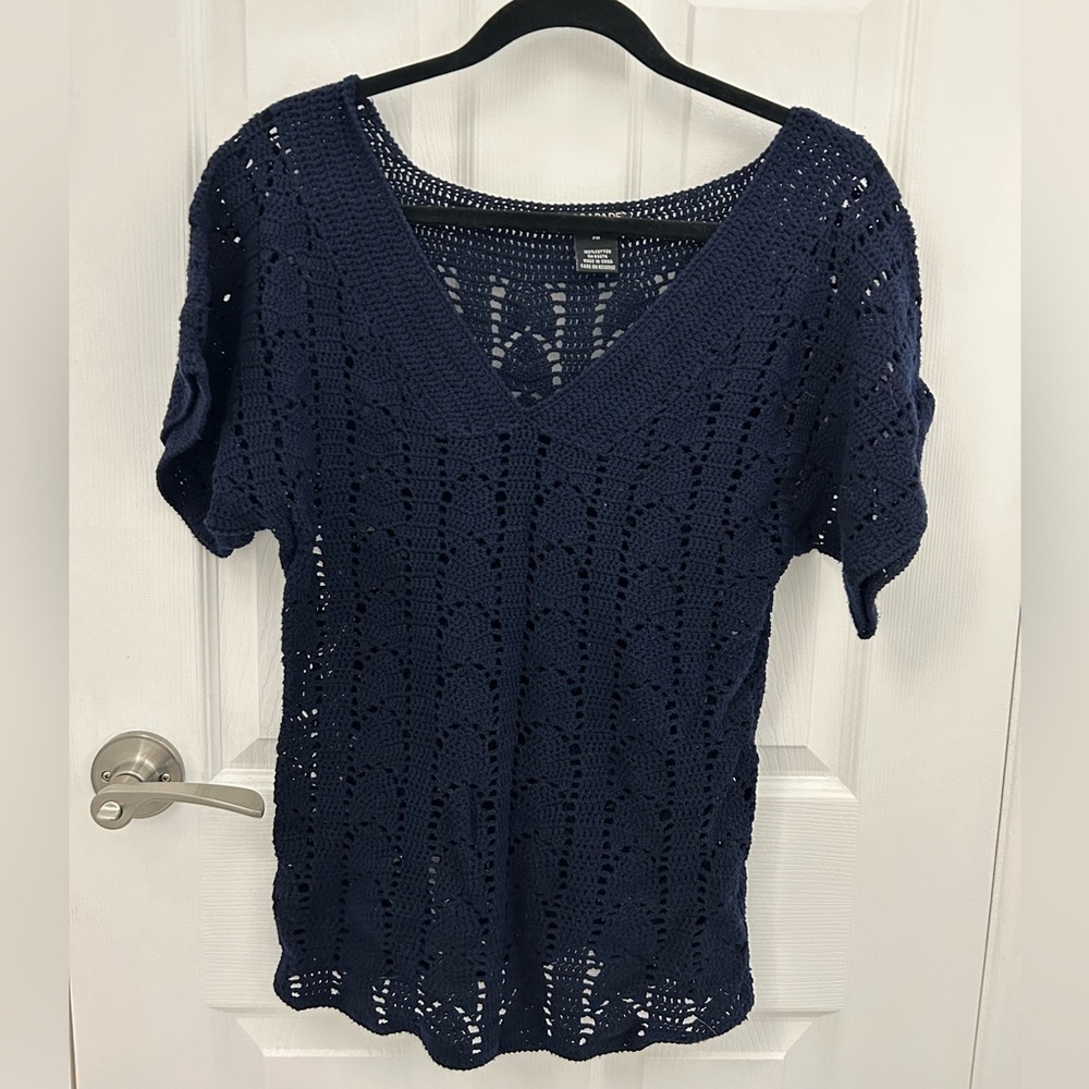 Navy Blue Crochet Knit Top, Sz S-M - Picture 2 of 7